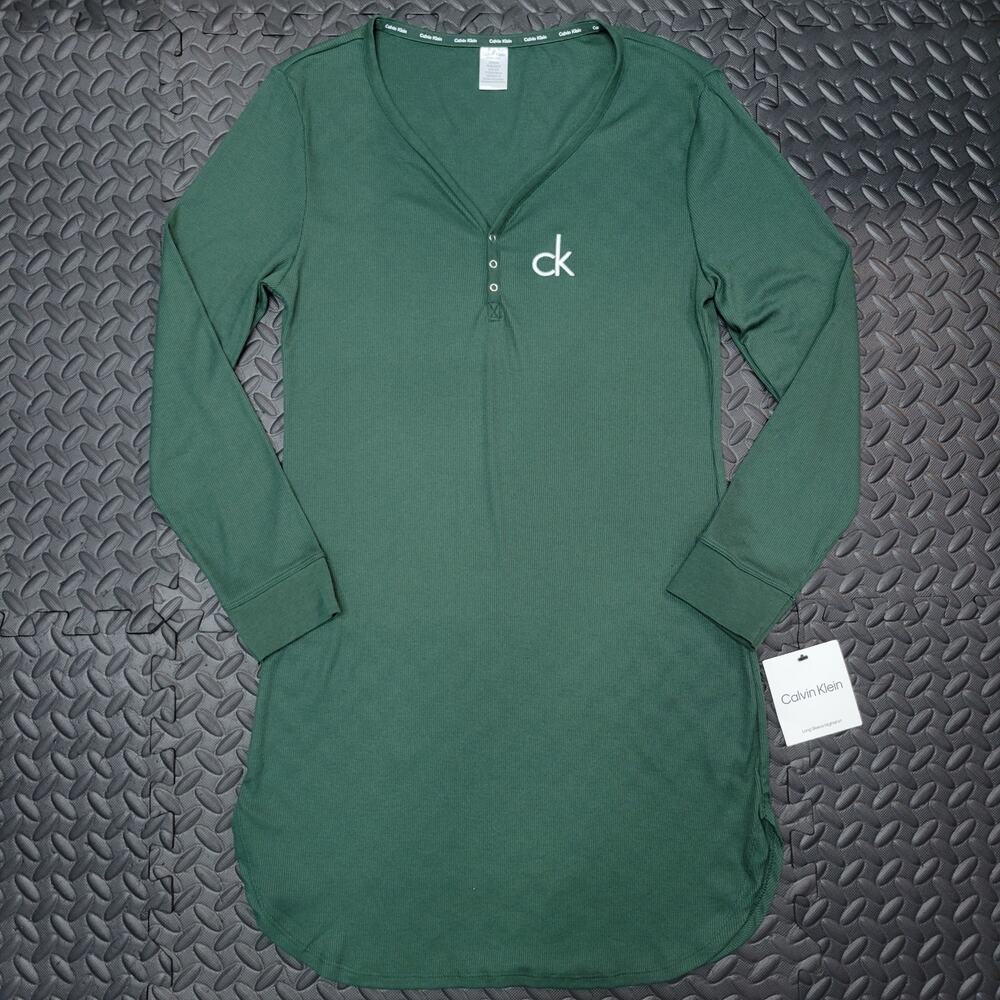 Calvin Klein Ribbed Henley Sleep Shirt Women's M Green Long Sleeve NWT Pajama